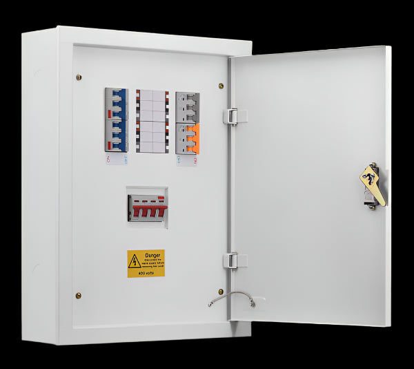Electrical panel box with switches and a key lock
