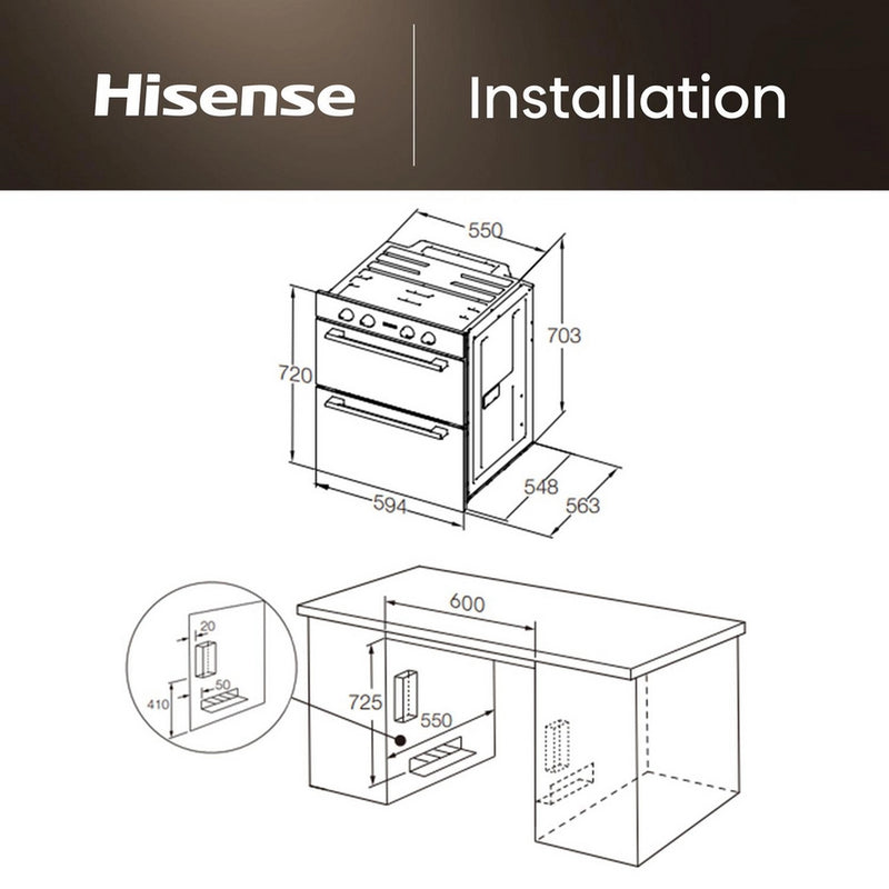 Hisense BUD714221CX 594cm Built Under Electric Double Oven - Black & Stainless Steel