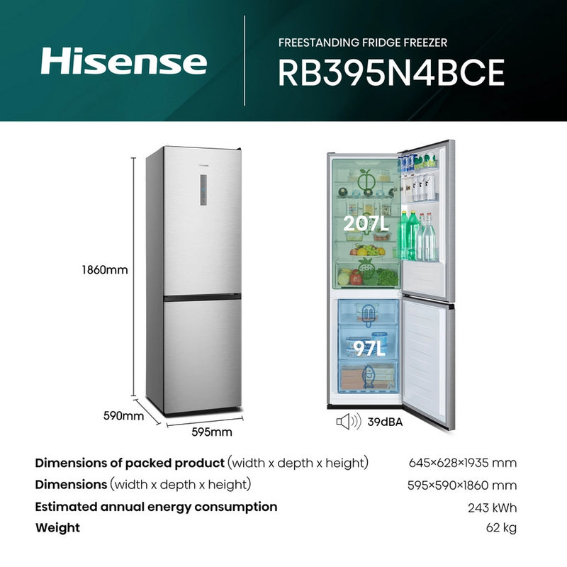 Hisense RB395N4BCE 60/40 Total No Frost Fridge Freezer - Stainless Steel