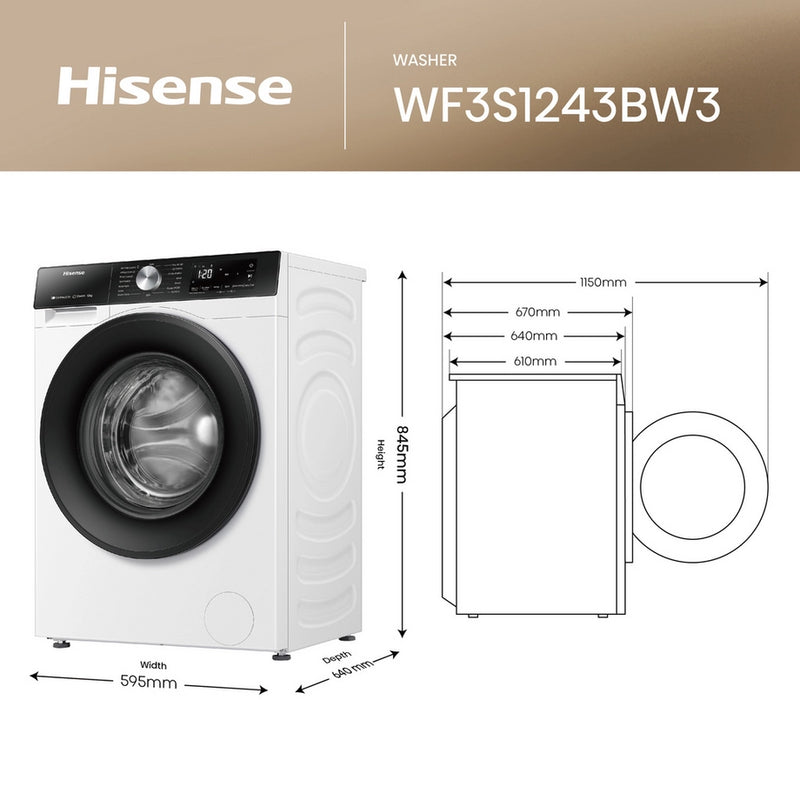 Hisense WF3S1243BW3 12kg 1400 Spin, Steam Washing Machine - White