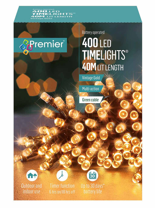 Premier 400 LED TIME LIGHTS Battery Operated 40M Vintage Gold - Bonus Superstore