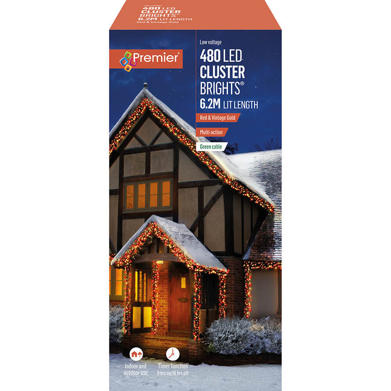 Premier Multi Action 480 LED Cluster Christmas Lights 6.2M Red & Vintage Gold - Bonus Superstore