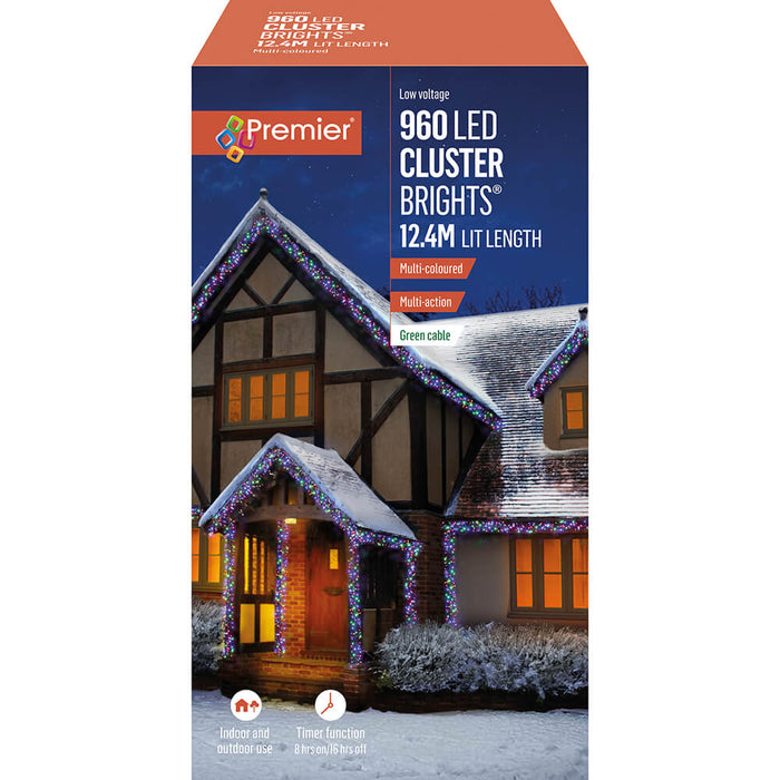 Premier Multi Action 960 LED Cluster Christmas Lights 12.4M Multi Coloured - Bonus Superstore