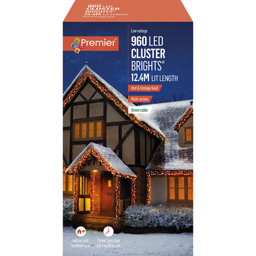 Premier Multi Action 960 LED Cluster Christmas Lights 12.4M Red & Vintage Gold - Bonus Superstore