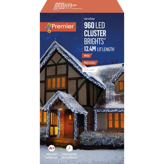 Premier Multi Action 960 LED Cluster Christmas Lights 12.4M Warm White with Clear Cable - Bonus Superstore