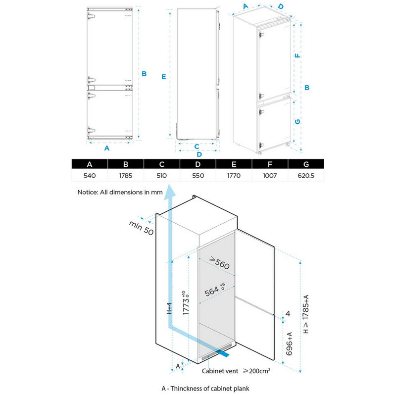 Midea MDRE379FGE01D 54cm 70/30 Built In Fridge Freezer - White