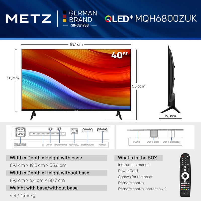 Metz 40MQH6800ZUK 40" HD Smart QLED TV with Freely Power by Tivo - Black