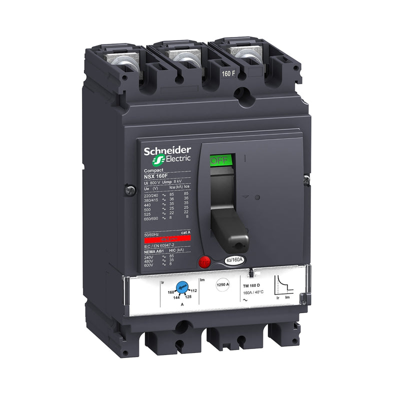 Schneider LV430631 circuit breaker ComPact NSX160F, 36 KA at 415 VAC, TMD trip unit 125 A, 3 poles 3d