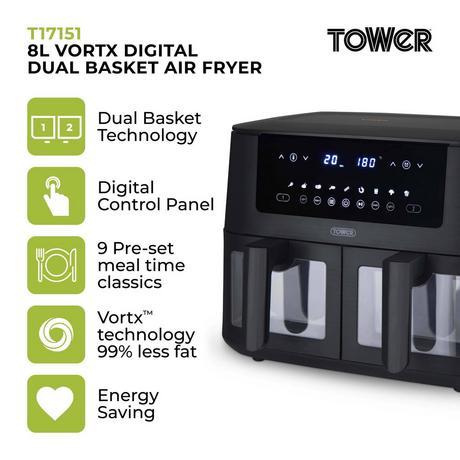 Tower T17151 8 Litre Digital Dual Basket Air Fryer - Black