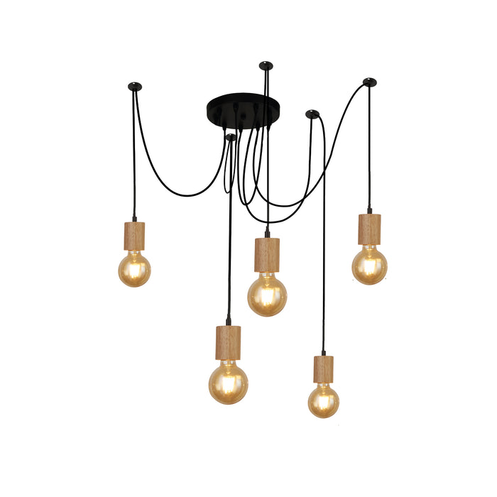 Searchlight  50213-5NA Spinny 5Lt Pendant - Wood & Matt Black Metal