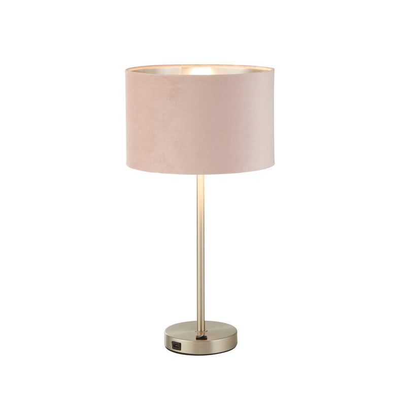 Searchlight  58911PI Finn USB Table Lamp - Satin Nickel Metal & Pink Velvet Shade