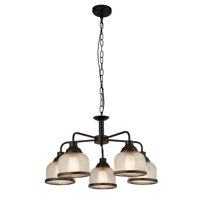 Searchlight  1685-5BK Highworth 5Lt Pendant - Black Metal & Holophane Style Glass