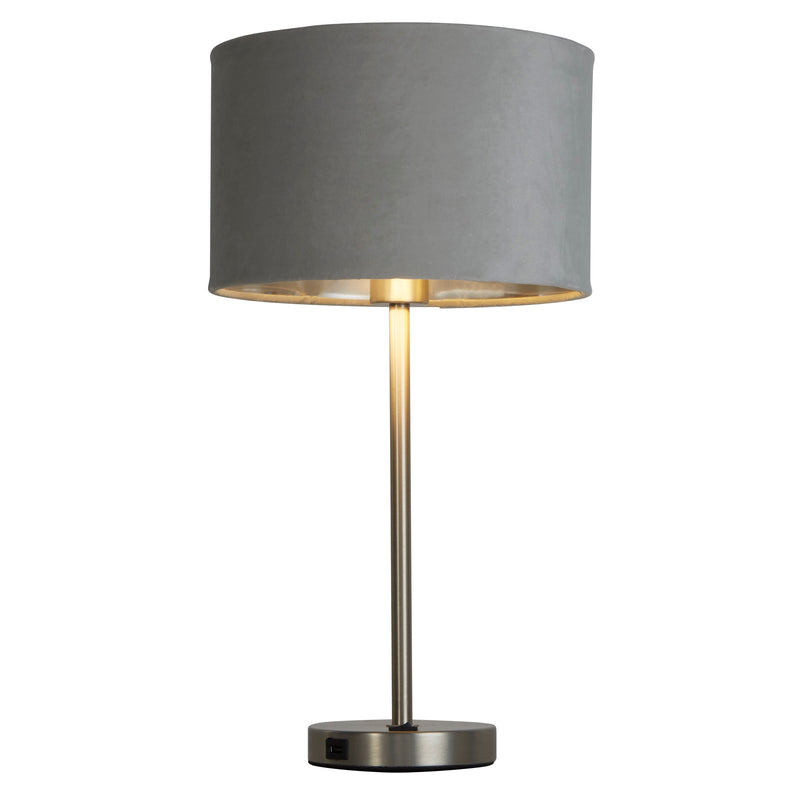 Searchlight  58911GY Finn USB Table Lamp - Satin Nickel Metal & Grey Velvet Shade