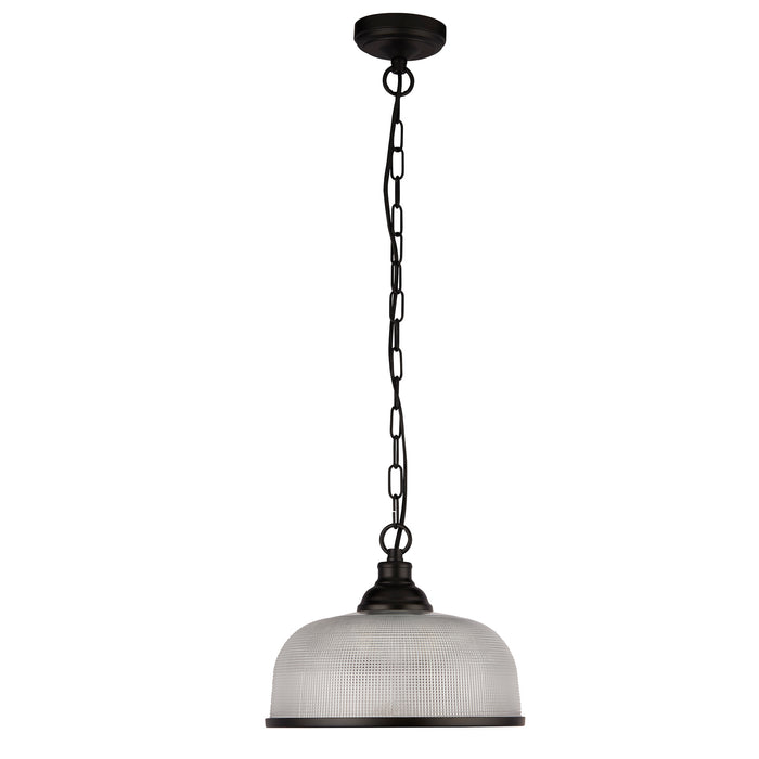 Searchlight  1682BK Highworth Pendant - Matt Black Metal & Holophane Style Glass