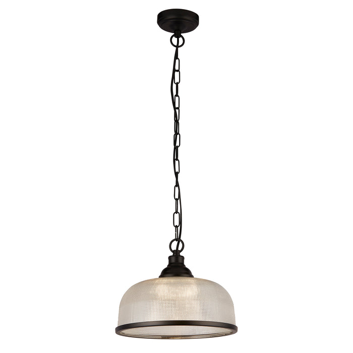 Searchlight  1682BK Highworth Pendant - Matt Black Metal & Holophane Style Glass