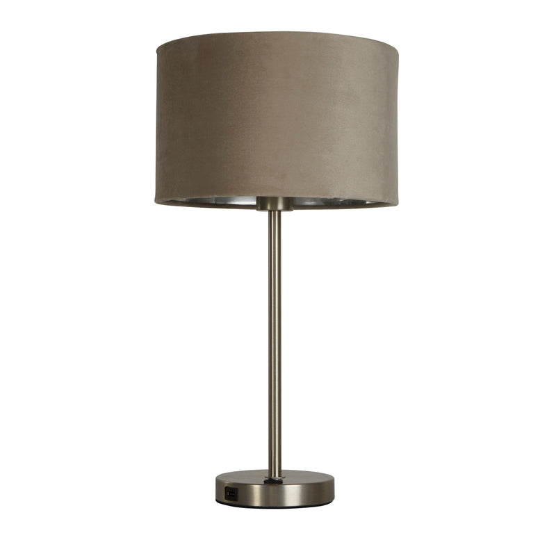 Searchlight  58911TA Finn USB Table Lamp -Satin Nickel Metal & Taupe Velvet Shade