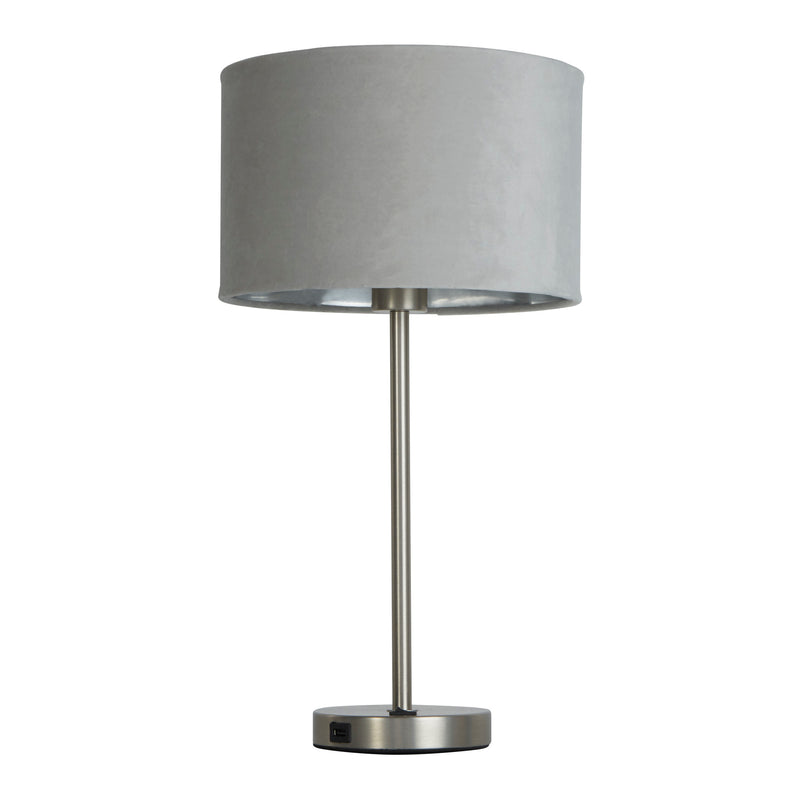 Searchlight  58911GY Finn USB Table Lamp - Satin Nickel Metal & Grey Velvet Shade