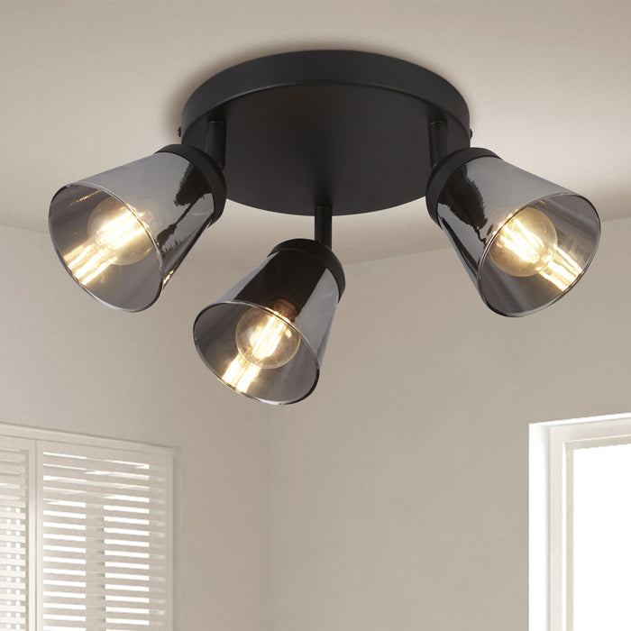 Searchlight  61170-3SM Mega 3Lt Round Spotlight - Black Metal & Smoked Glass
