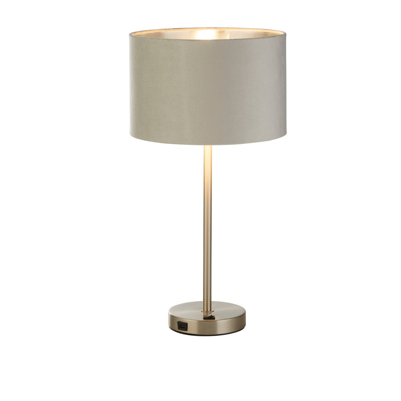 Searchlight  58911GY Finn USB Table Lamp - Satin Nickel Metal & Grey Velvet Shade