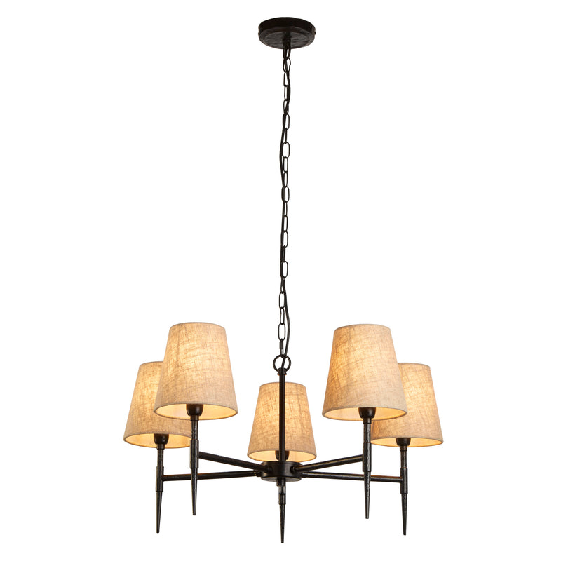 Searchlight  30690-5BK Gothic 5Lt Pendant - Hammered Black Metal & Natural Linen