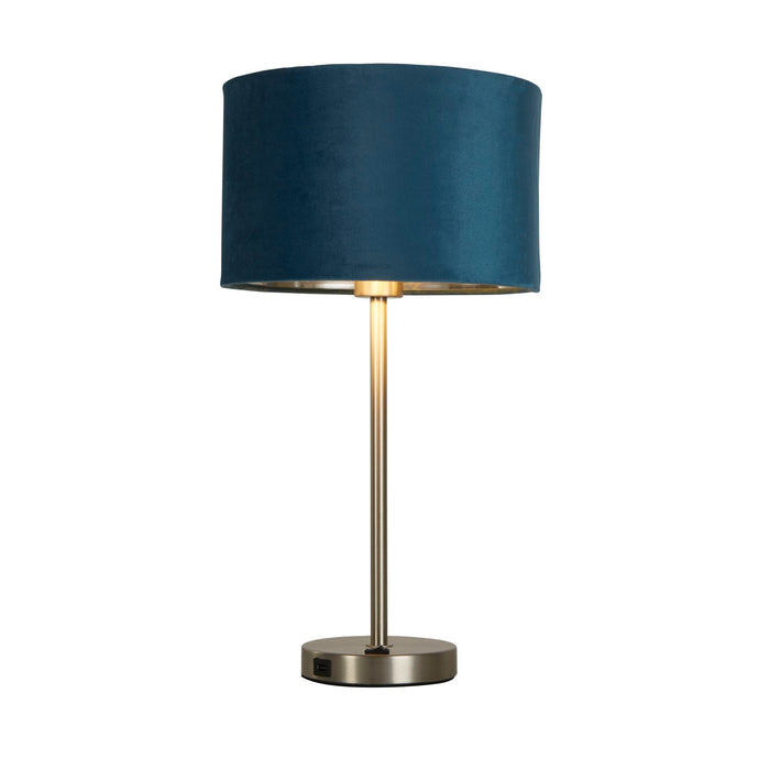 Searchlight  58911TE Finn USB Table Lamp - Satin Nickel Metal & Teal Velvet Shade