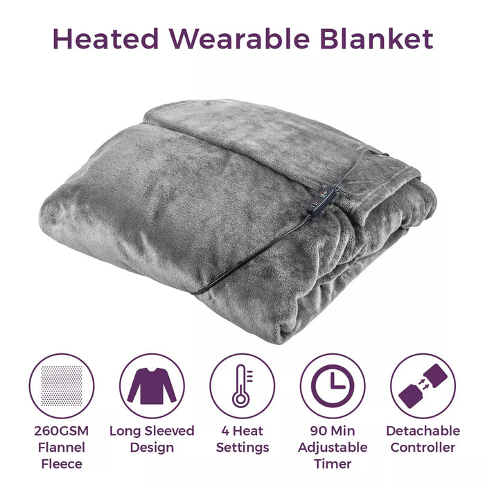 Carmen C81149GRY Heated Wearable Washable Blanket 183cm x 155cm