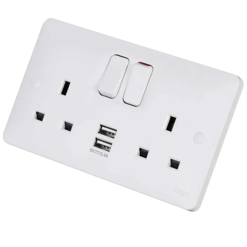 Hager WMSS82USB Sollysta 13A DP 2 Gang Switched Socket with Twin USB Outlets White
