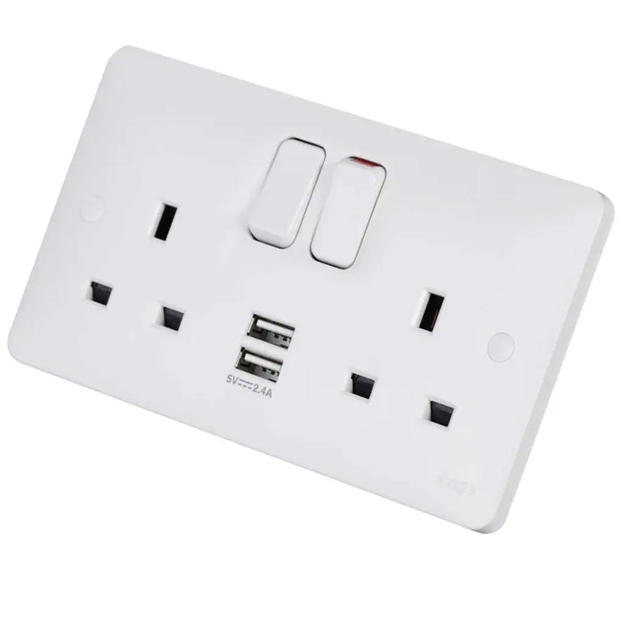 Hager WMSS82USB Sollysta 13A DP 2 Gang Switched Socket with Twin USB Outlets White