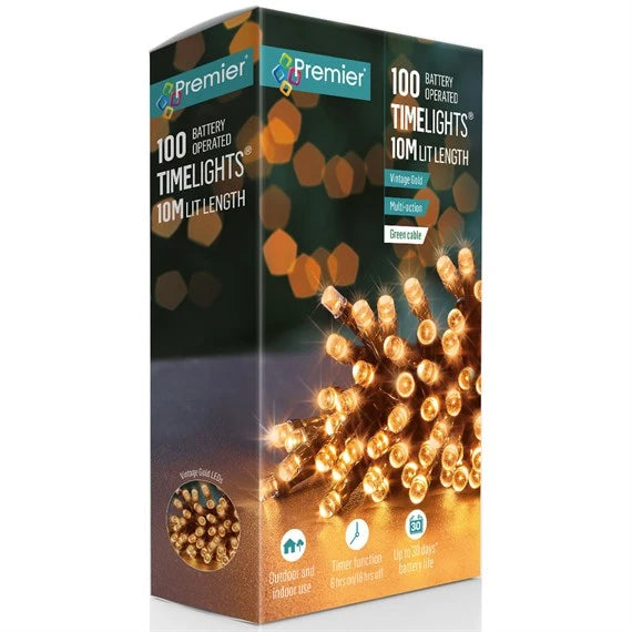 Premier LB112383VG 100 Vintage Gold Multi Action LED Battery Christmas String Lights
