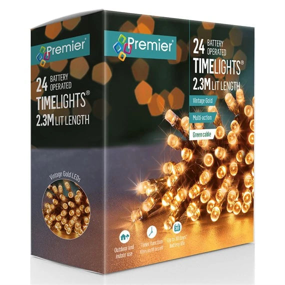 Premier LB131957VG 24 Vintage Gold Multi Action LED Battery Christmas String Lights