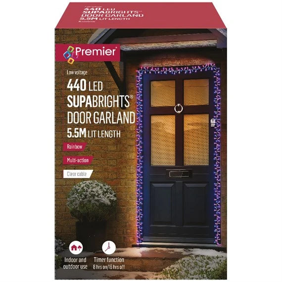 Premier LV243723RBW 440 Supabright Rainbow LED Christmas String Light Door Garland