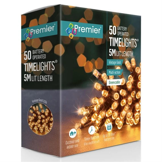 Premier LB112382VG 50 Vintage Gold Multi Action LED Battery Christmas String Lights