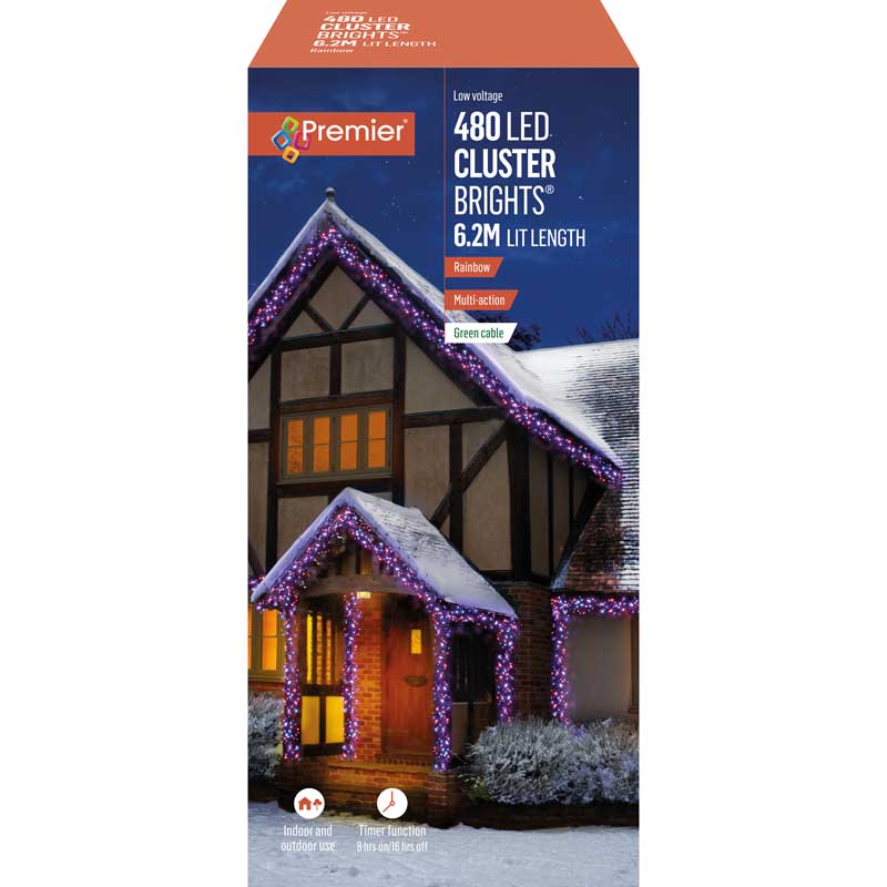 Premier Multi Action 480 LED Cluster Christmas Lights 6.2M Rainbow - Bonus Superstore