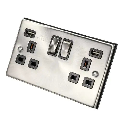 Click VPSC580BK Deco 13A 2 Gang Switched Socket with Twin 2.1A USB Metal / Black Insert Satin Chrome