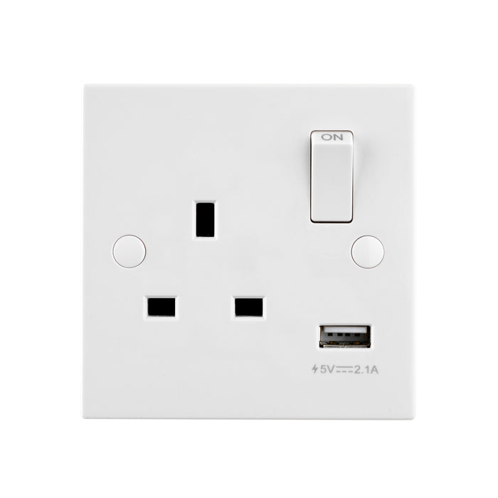 Saxby SE413 Square Edge 13A 1G SP Switched Socket with 2.1V USB