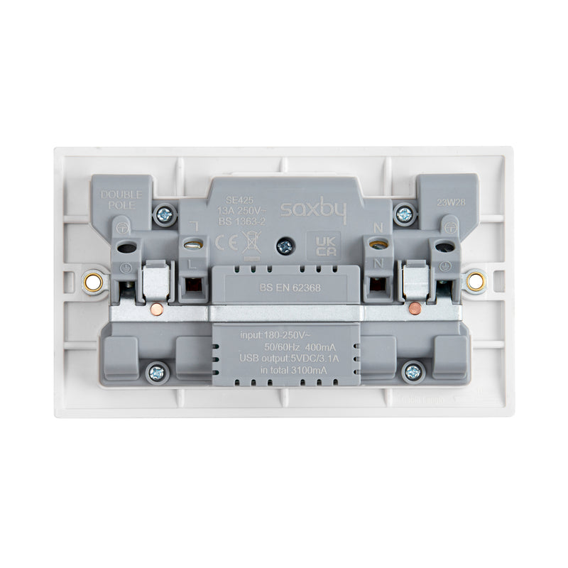 Saxby SE423 Square Edge 13A 2G DP Switched Socket with twin 5V USB
