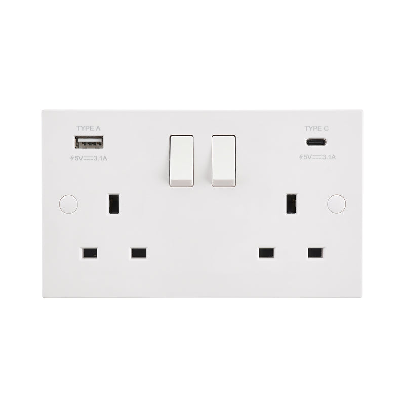 Saxby SE425 Square Edge 13A 2G DP Switched Socket with 15.5W USB A+C