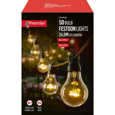 Premier 50 Bulb Festoon Lights Warm White LED 25M